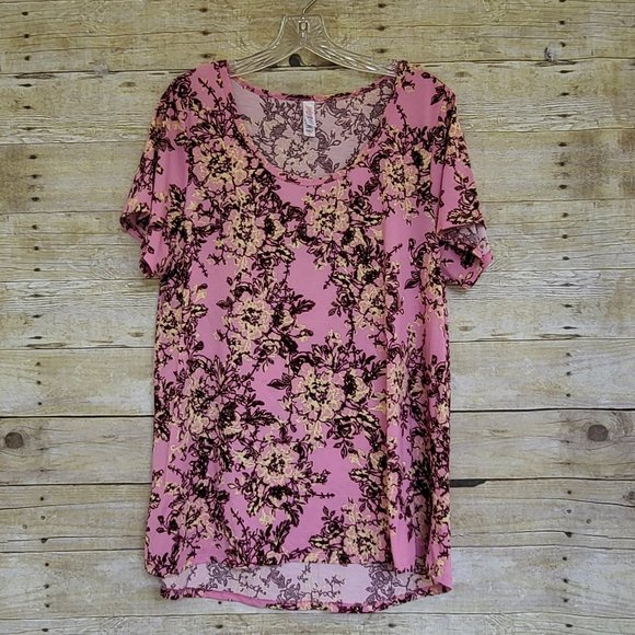 EUC LuLaRoe XL Classic T - Yellow & Burgundy Floral Print on Pink - Picture 1 of 5